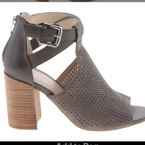 Marc Fisher perforated Peep toe stacked heel genuine leather taupe shoes - Picture 1 of 10
